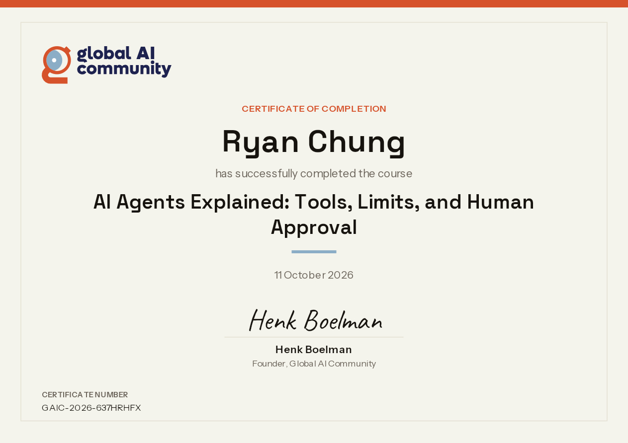 Certificate GAIC-2026-637HRHFX for AI Agents Explained: Tools, Limits, and Human Approval