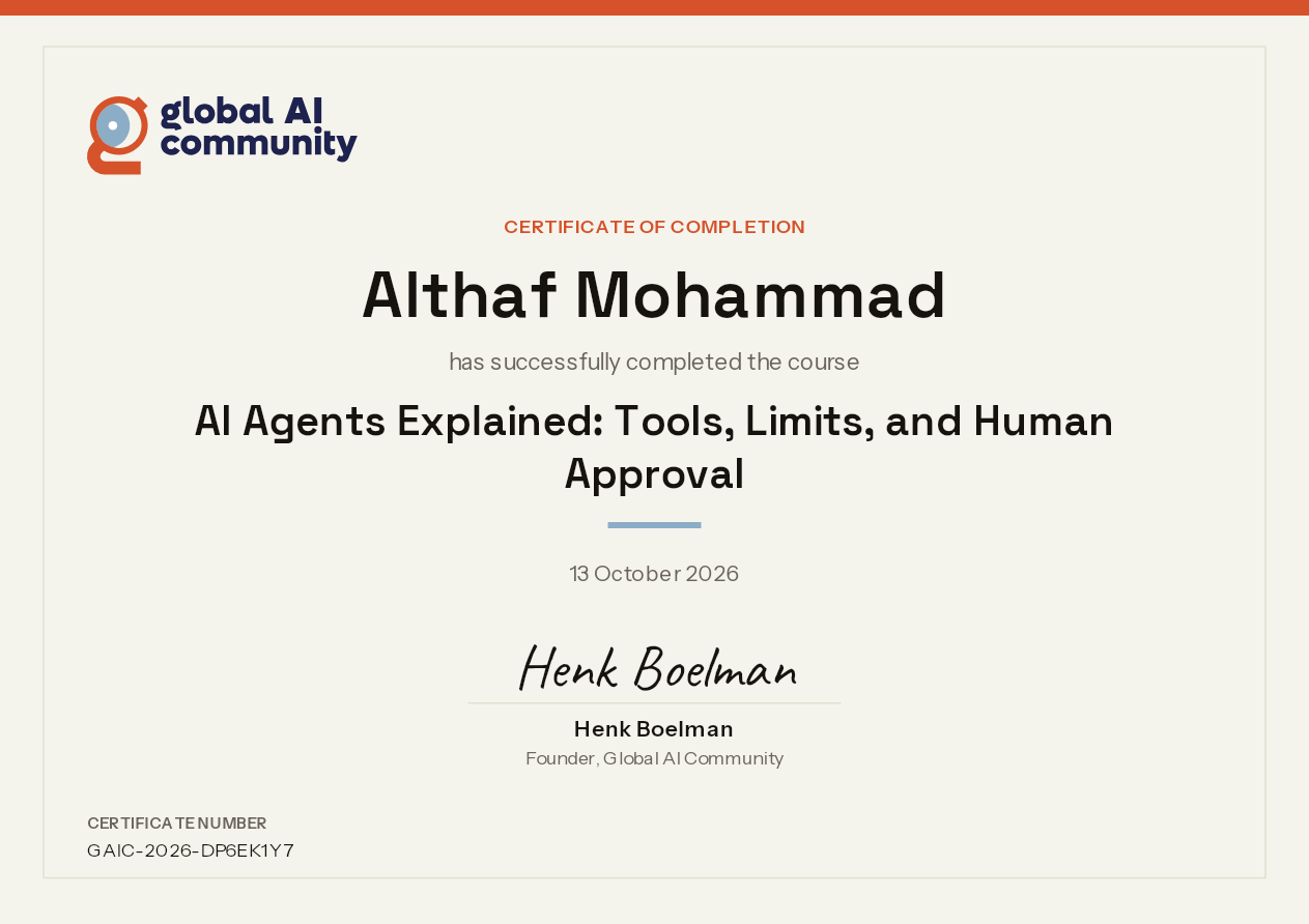 Certificate GAIC-2026-DP6EK1Y7 for AI Agents Explained: Tools, Limits, and Human Approval