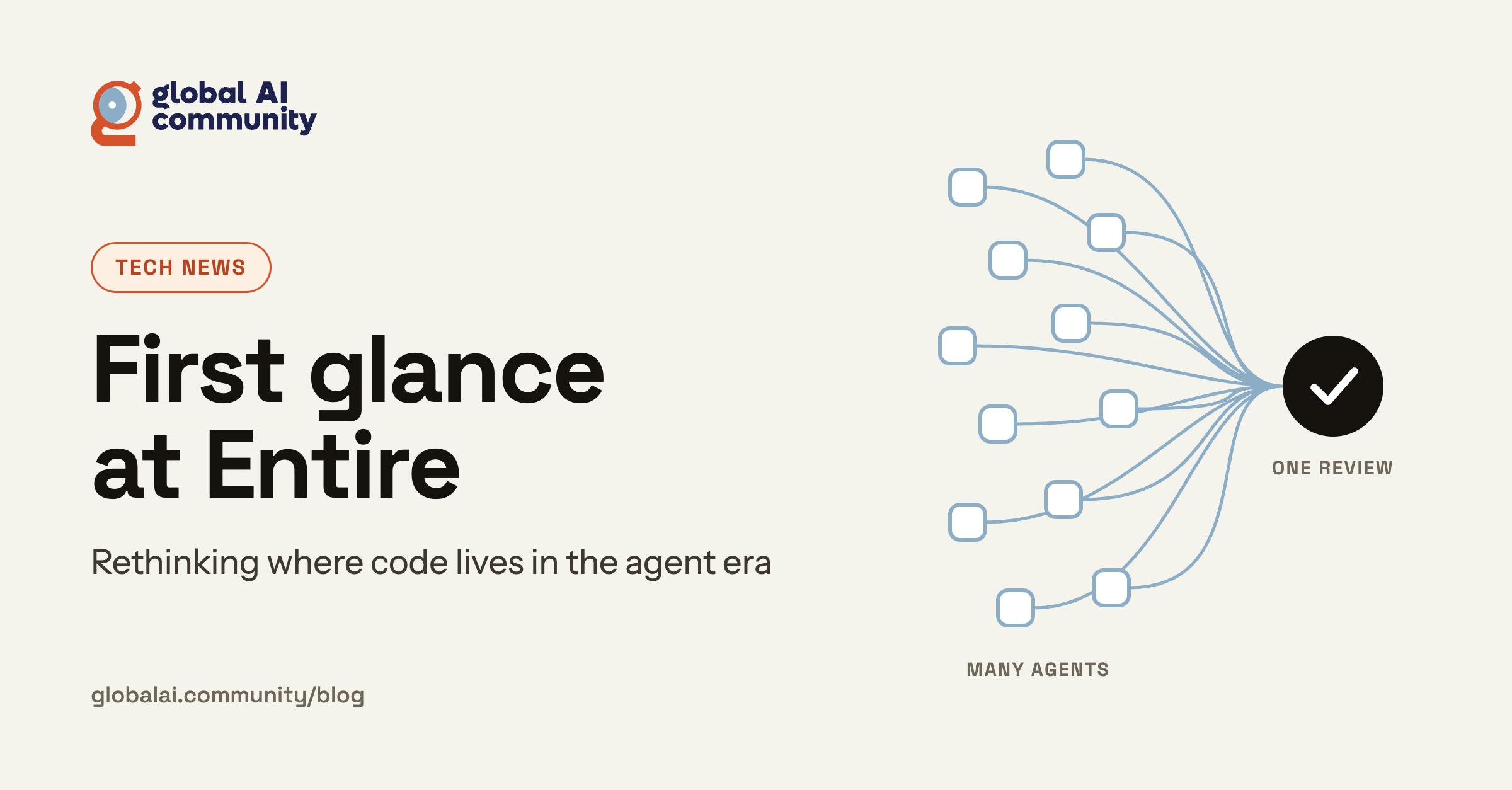 Global AI Community blog banner: “First glance at Entire.” Many AI agents feeding into one human review.