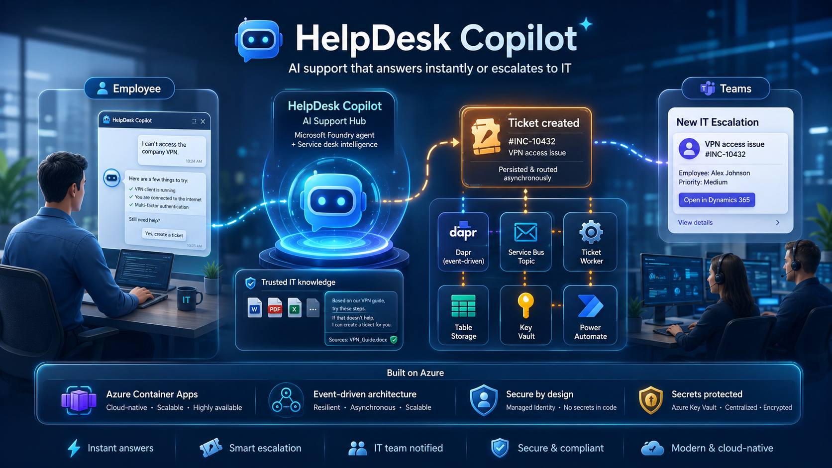 Building an Event-Driven AI HelpDesk on Azure (with Zero API Keys)