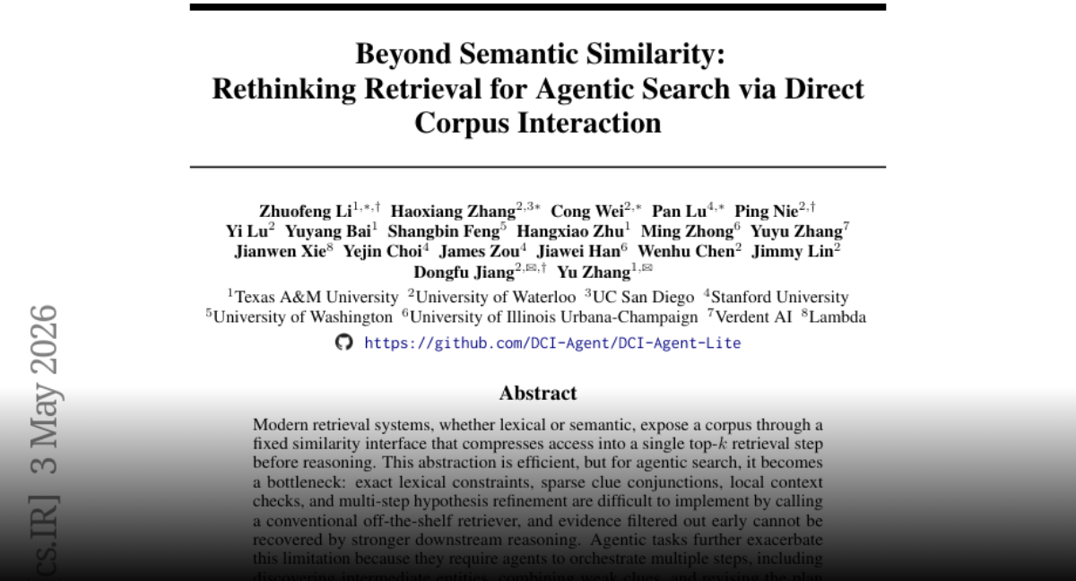 Beyond Semantic Similarity: Rethinking Retrieval for Agentic Search via Direct Corpus Interaction