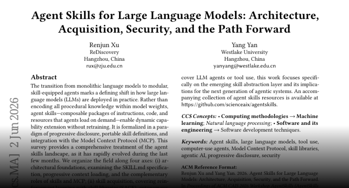 Agent Skills for Large Language Models: Architecture, Acquisition, Security, and the Path Forward