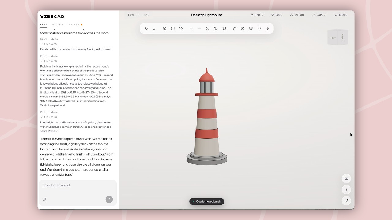Claude Fable 5 designs a 3D-printable model in a Claude-built CAD editor