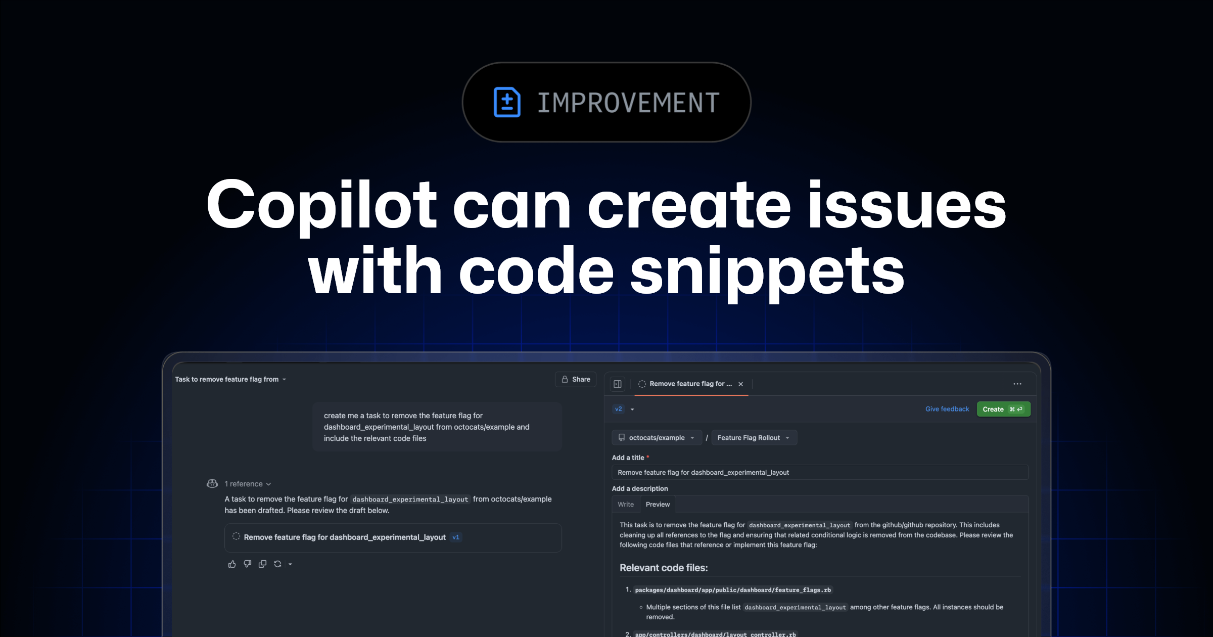Copilot can create issues with code snippets in public preview