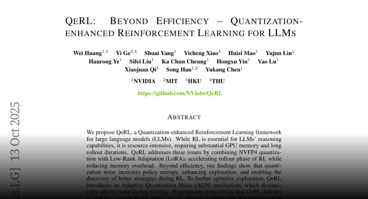 QeRL: Beyond Efficiency -- Quantization-enhanced Reinforcement Learning  for LLMs