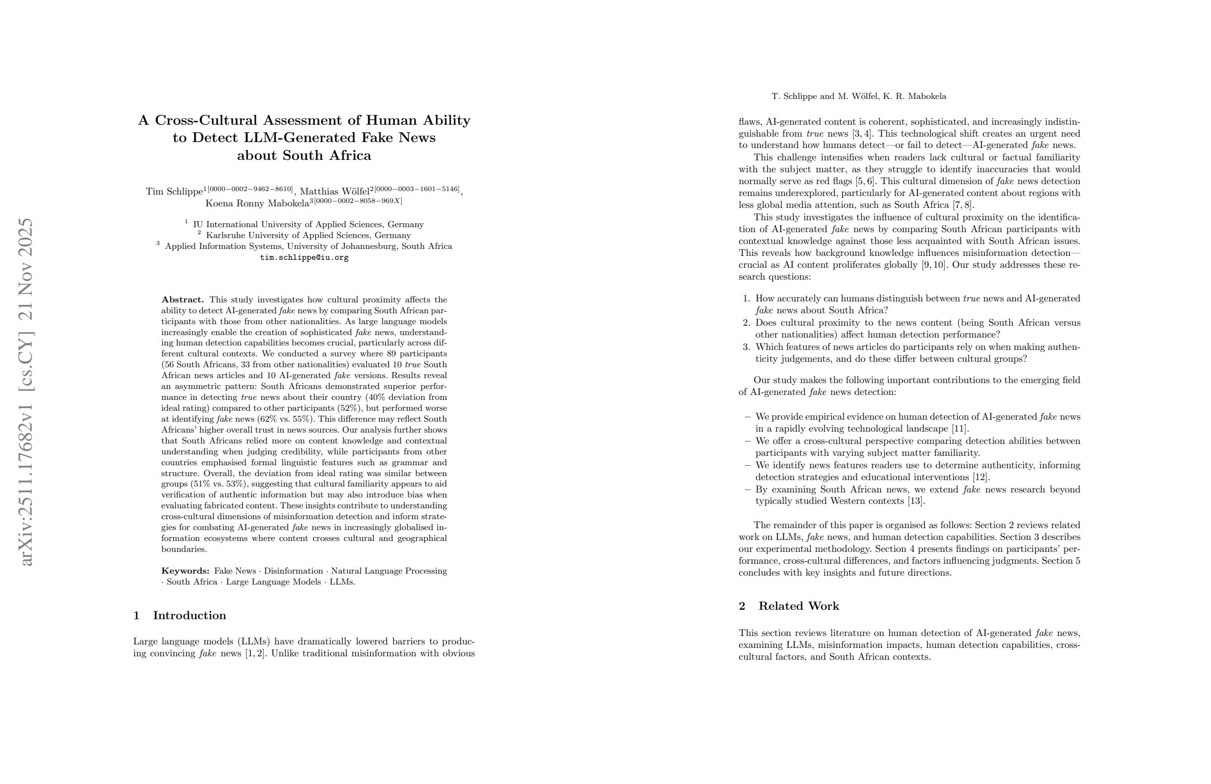 A Cross-Cultural Assessment of Human Ability to Detect LLM-Generated Fake News about South Africa