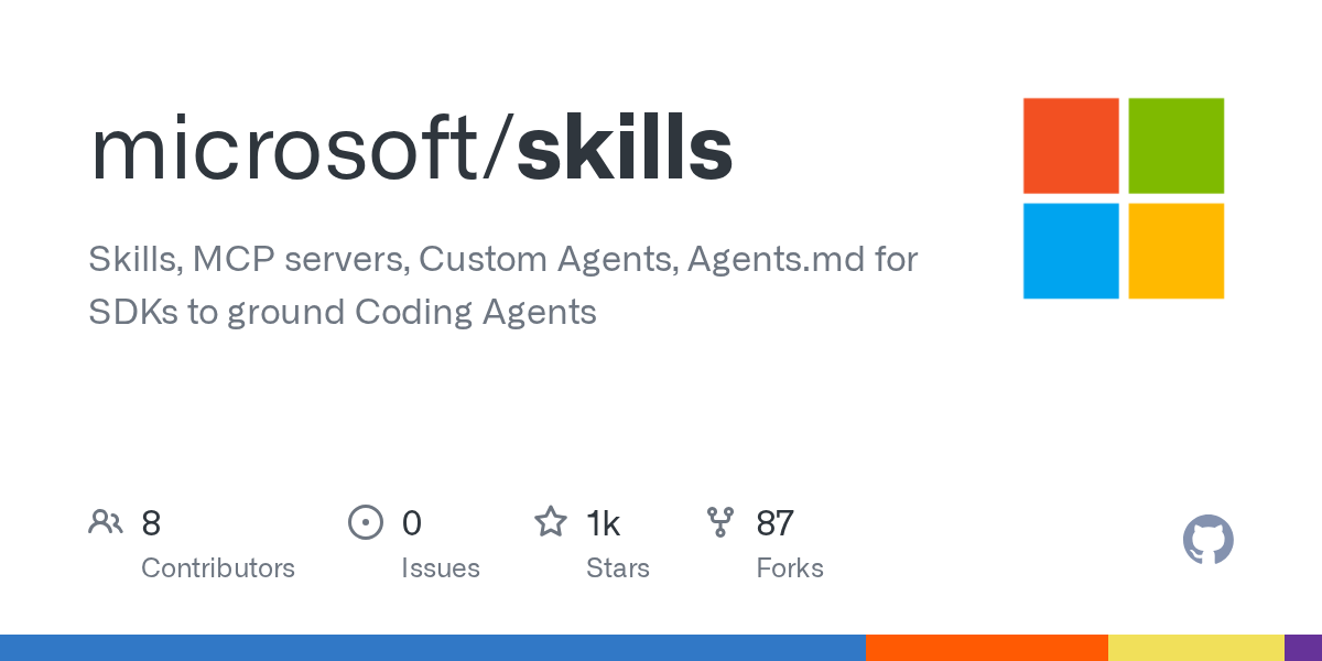 microsoft/skills: Skills, MCP servers, Custom Agents, Agents.md for SDKs to ground Coding Agents