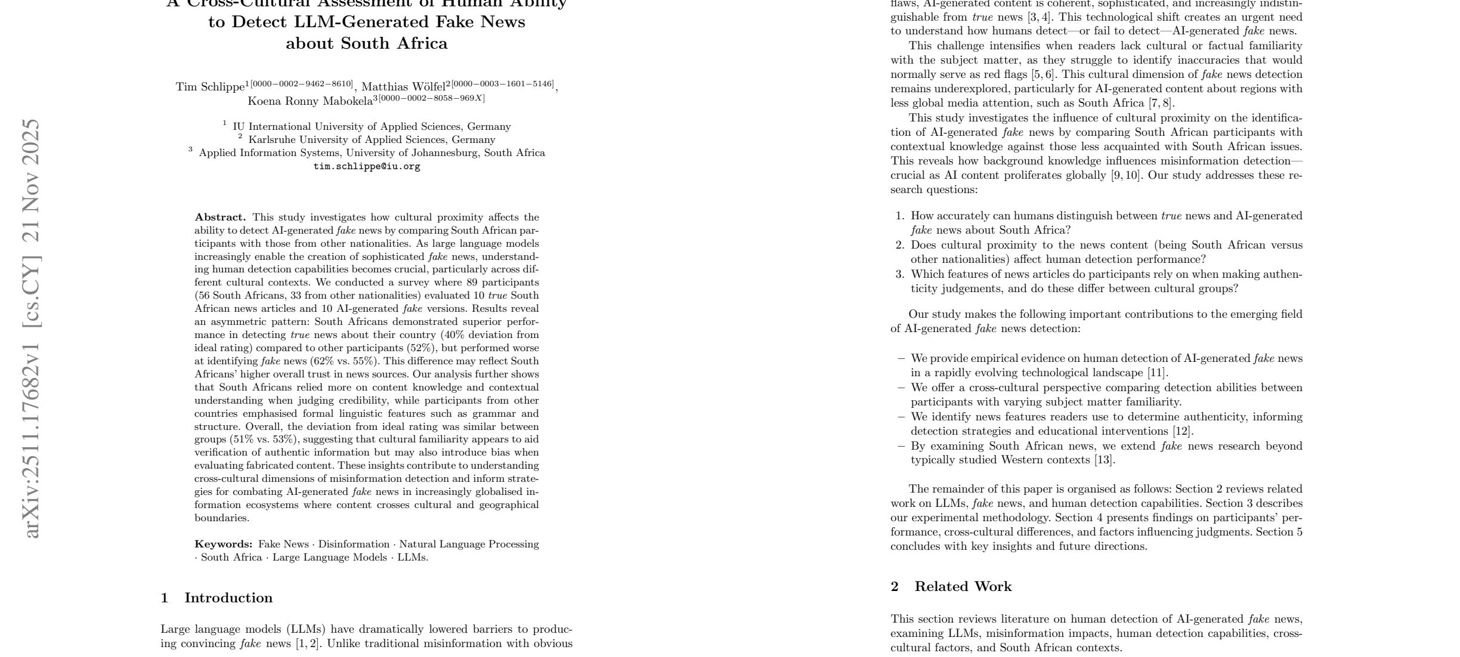 A Cross-Cultural Assessment of Human Ability to Detect LLM-Generated Fake News about South Africa