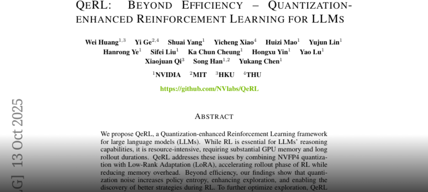 QeRL: Beyond Efficiency -- Quantization-enhanced Reinforcement Learning for LLMs